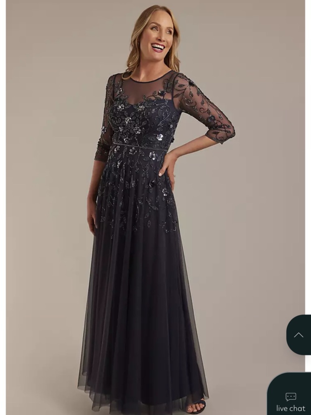 Mother of the bride Oleg Cassini Navy Beaded Illusion-Sleeve Evening Gown sz 16